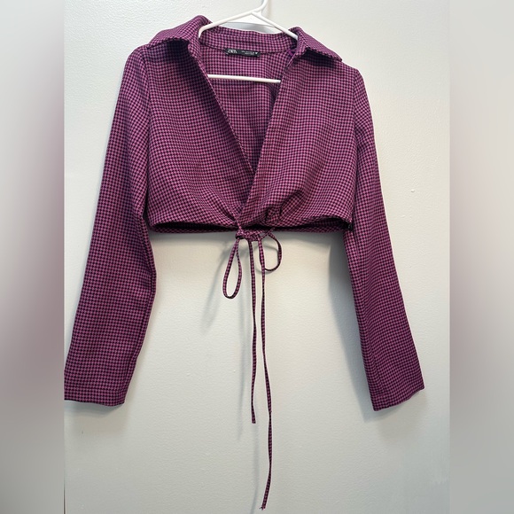 Zara Purple Checkered Button Down Crop Top - Picture 1 of 7